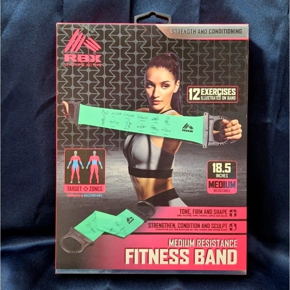 RBX Fitness Resistance ILLUSTRATED Workout Band Medium 18.5" 12 Exercise Printed